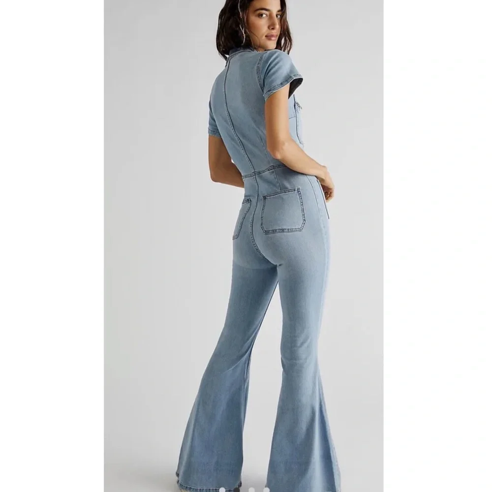Free People Hearts Beat Fitted Flare Denim Coverall Jumpsuit in Sunbath Blue - S - Picture 3 of 10